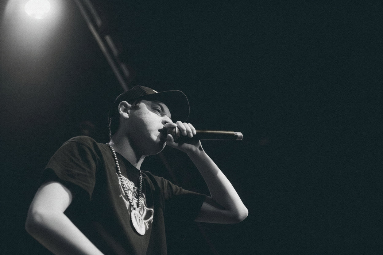 Flacko Finesse rapping into a microphone on a dark stage with a spotlight.